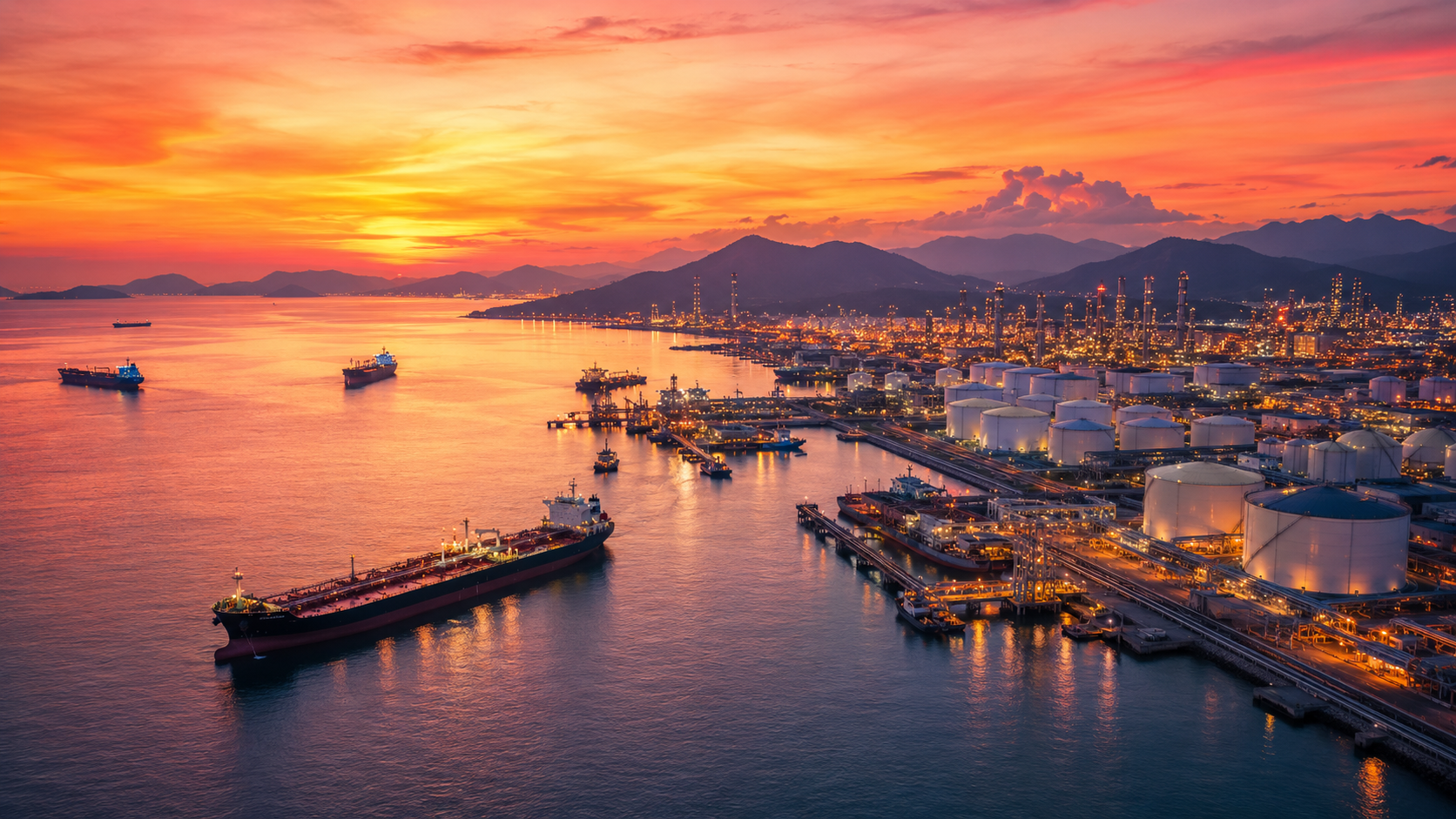 Container port at dusk representing KaizenGTC market and maritime intelligence
