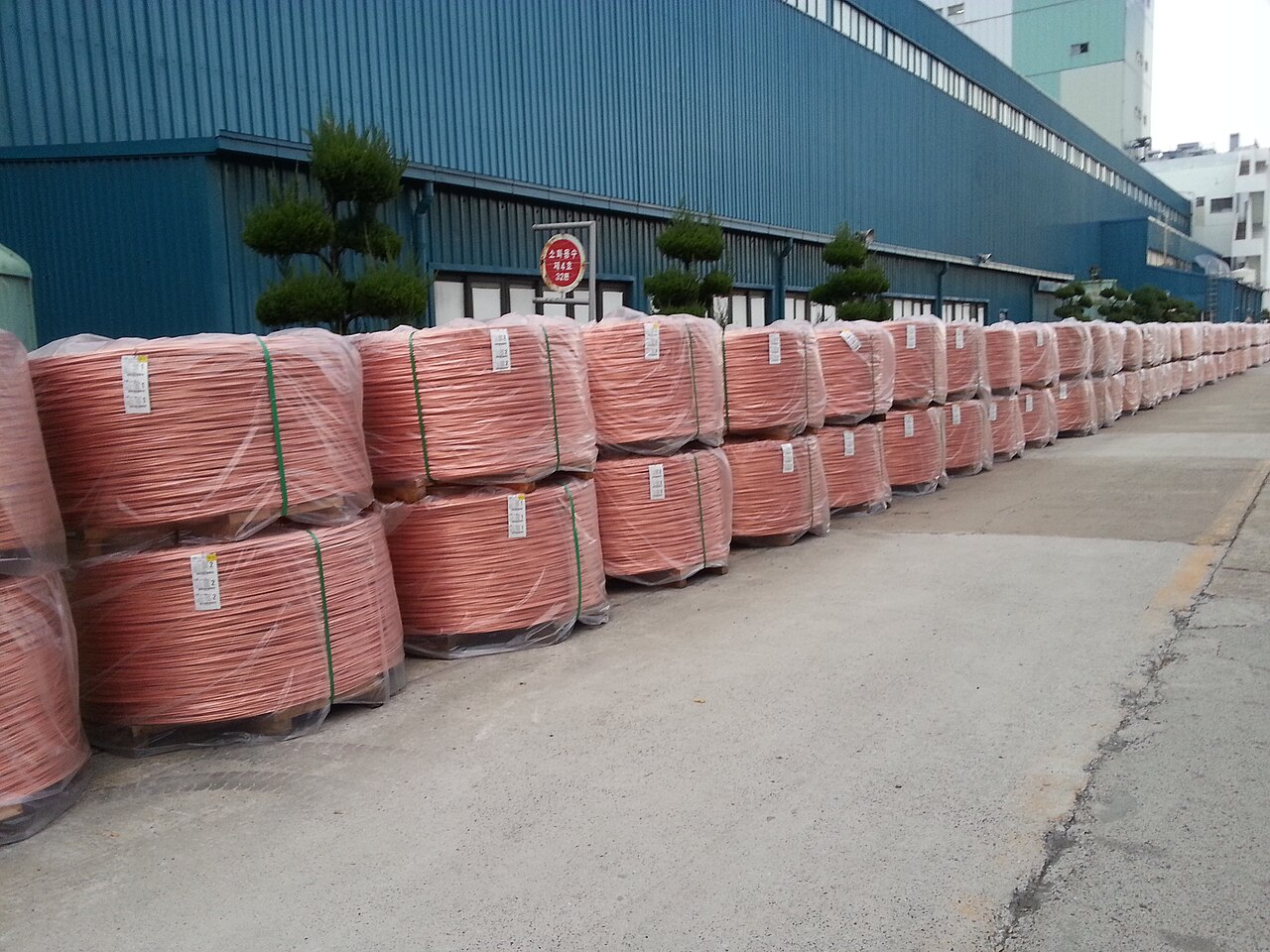Copper wire rod produced in a factory, documentary example of semi-finished product